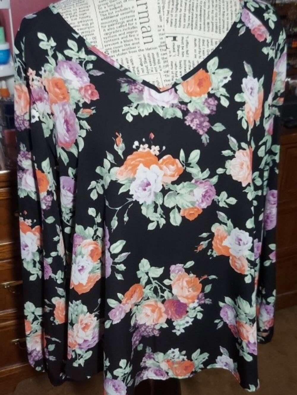 Decree Long Sleeve Black Floral Blouse XL